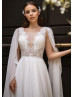 Ivory Lace Chiffon Wedding Dress With Detachable Cape